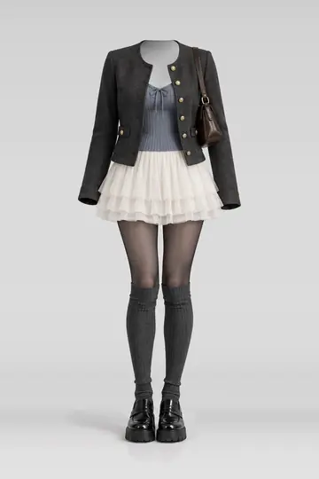 Gold jacket + blue pleated ivory tulle mini skirt
