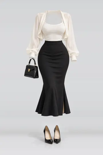 Ivory chiffon camisole + black midi skirt