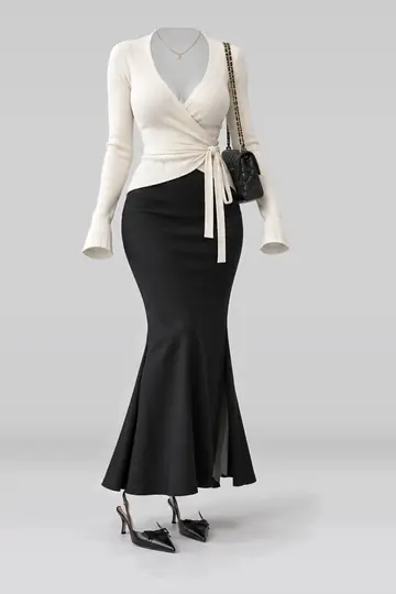 Ivory knit top + black skirt