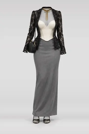 Ivory black lace jacket + grey maxi skirt