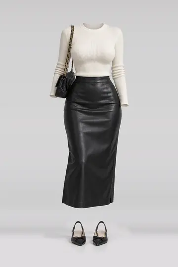 Ivory knit top + black leather midi skirt