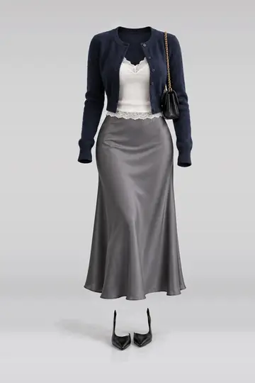 Navy knit cardigan + white lace camisole