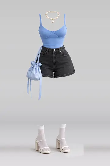 Blue black denim shorts + white socks