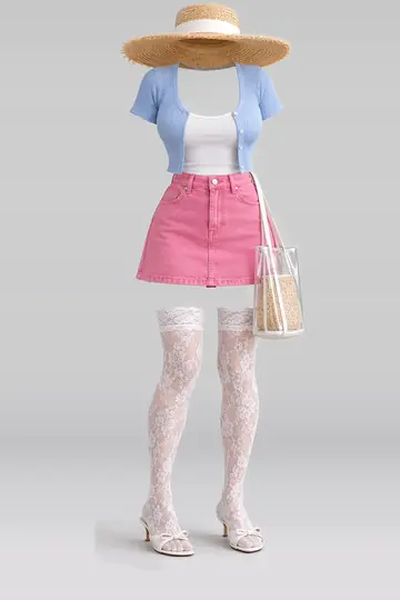 Blue cardigan + pink denim mini skirt