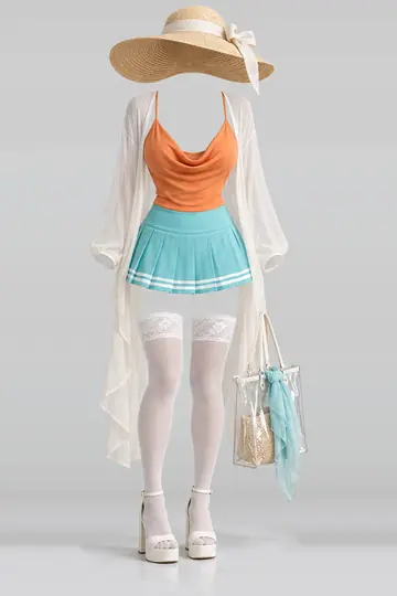 Orange white mini skirt + cardigan