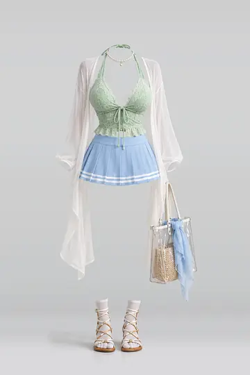 开衫 + 蓝色拼白色短裙