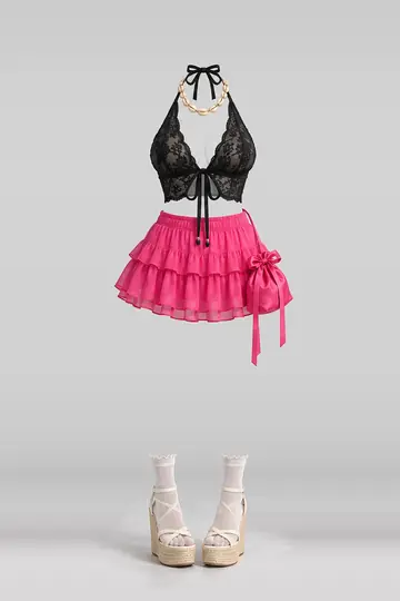 Black lace trim + pink mini skirt