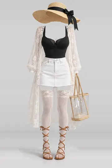 Black white denim mini skirt + cardigan