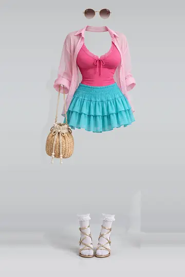 Pink lace blouse + mini skirt