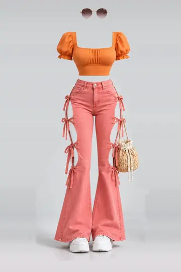Orange ribbon denim trousers + white sneakers