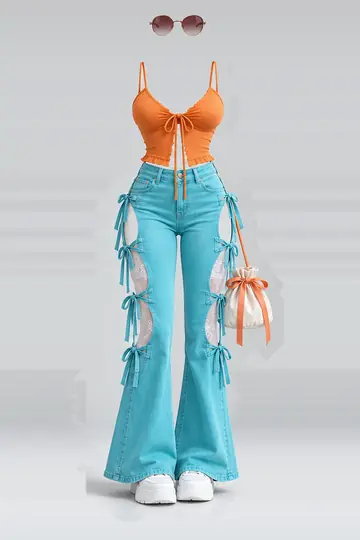 Orange ribbon camisole + denim trousers