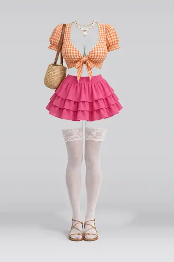 Orange pink mini skirt + lace socks