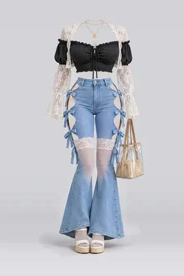 Black blouse + blue ribbon denim trousers