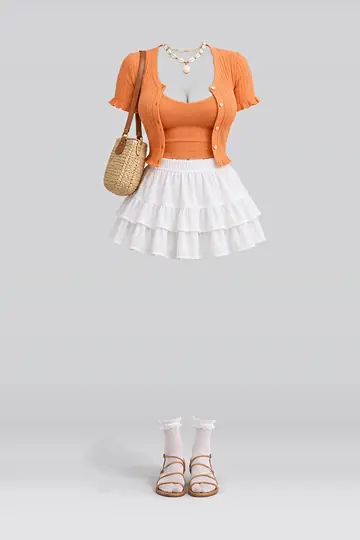 Orange cardigan + white mini skirt