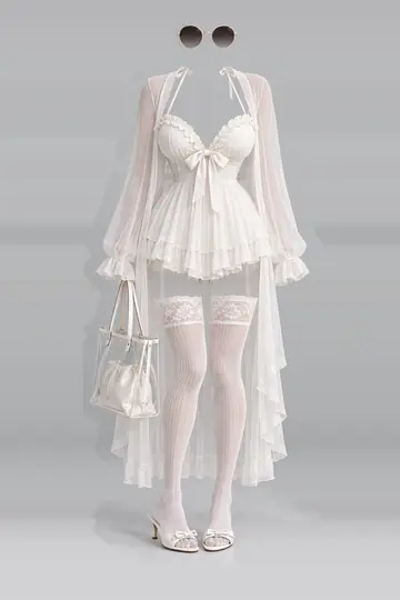 White ribbon frill pleated dress + cardigan