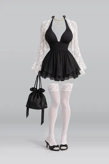 Black mini dress + lace socks