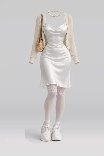 White satin midi dress + cardigan