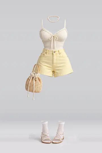 Cream ribbon camisole + yellow denim shorts
