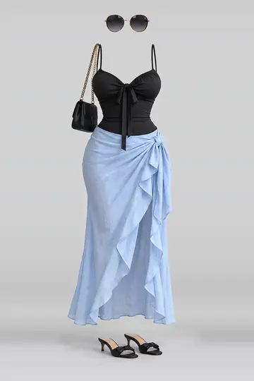 Black ribbon camisole + blue skirt