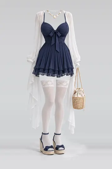 Navy ribbon frill pleated dress + cardigan