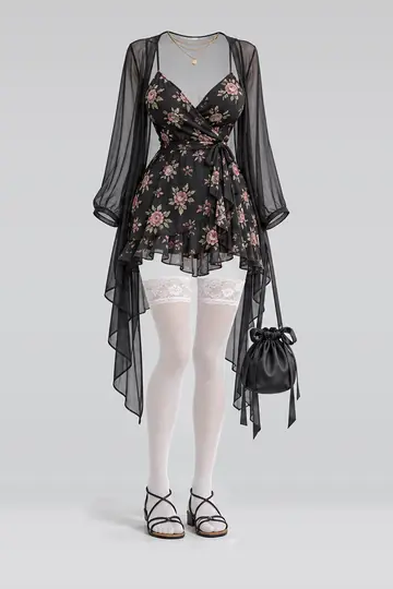Black floral dress + cardigan