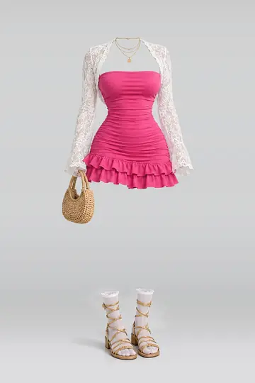Pink frill mini dress + lace trim