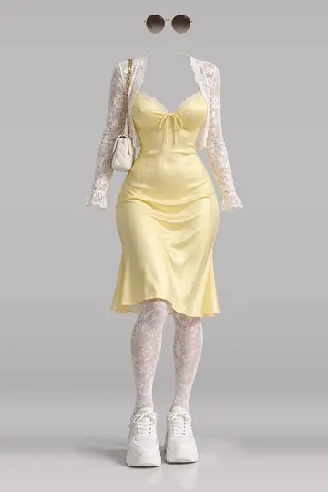 Yellow satin midi dress + cardigan