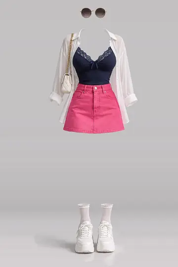 Navy lace blouse + pink denim mini skirt