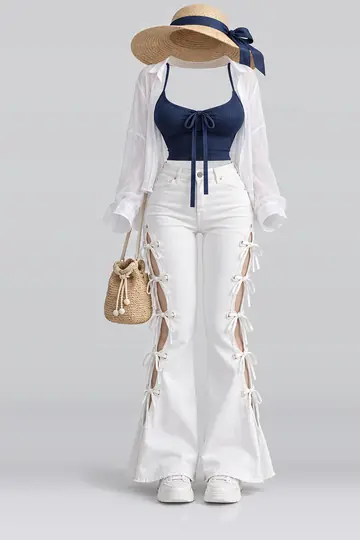 Navy ribbon camisole + white denim trousers