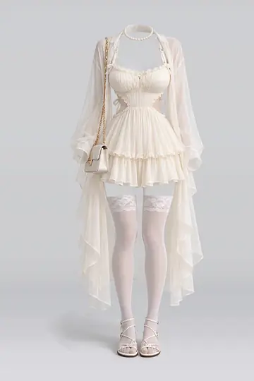Cream ribbon frill pleated dress + cardigan