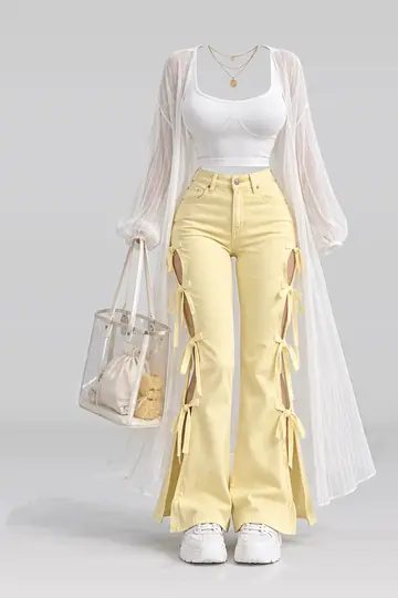 White yellow ribbon denim trousers + cardigan