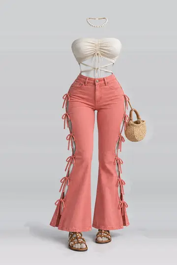 Cream ribbon denim trousers + sandals