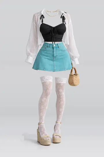 Black ribbon camisole + denim mini skirt
