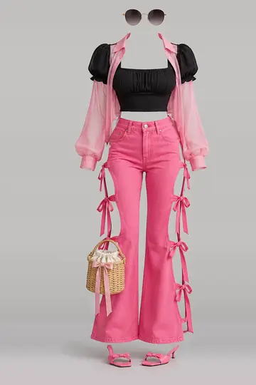Black pink ribbon denim trousers + shirt