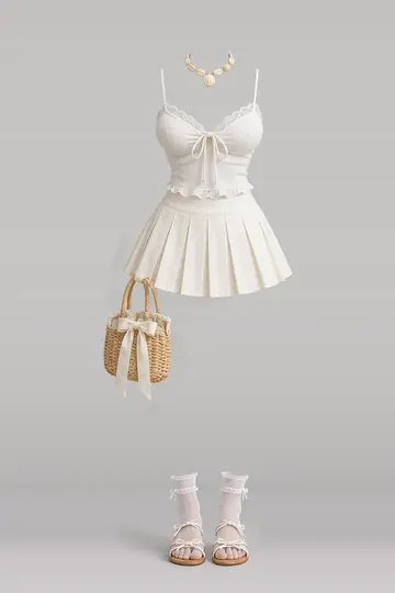 White ribbon camisole + cream mini skirt