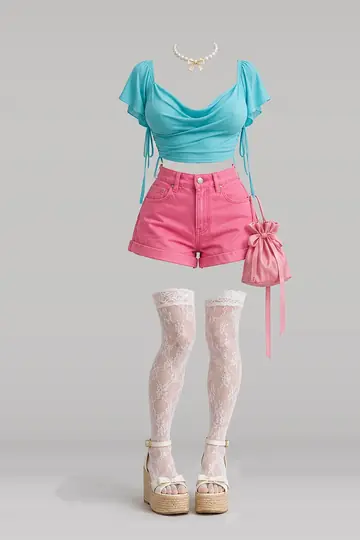 Pink denim shorts + lace socks