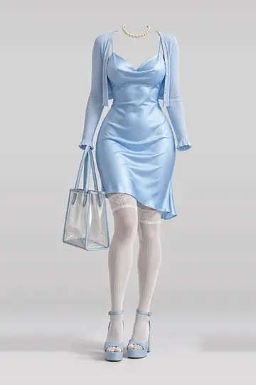 Blue satin midi dress + cardigan