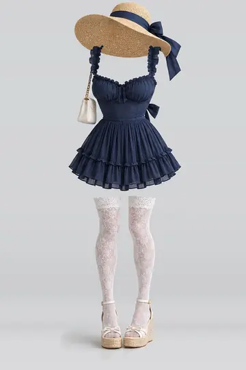 Navy ribbon frill pleated dress + lace socks
