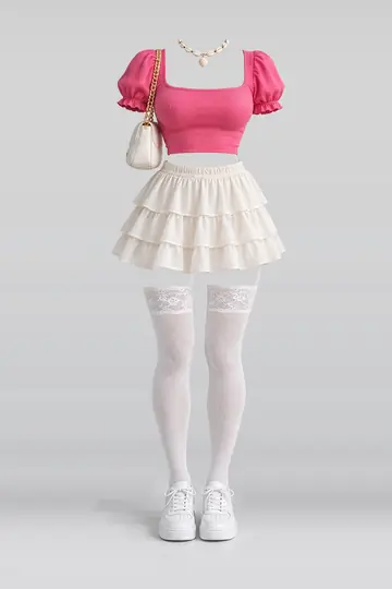 Pink cream mini skirt + lace socks