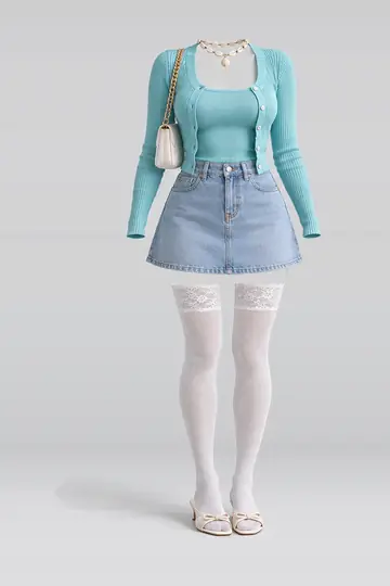 Cardigan + blue denim mini skirt