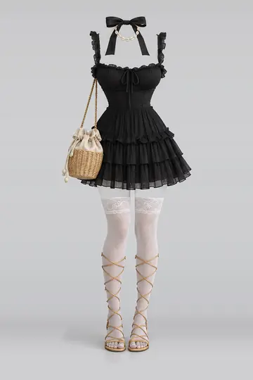 Black ribbon frill pleated dress + lace socks