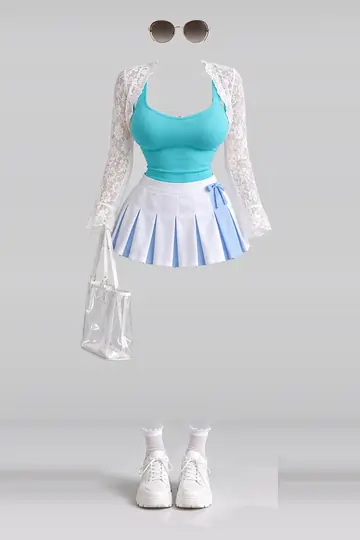 Blue white mini skirt + lace socks