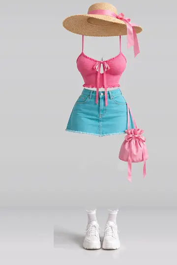 Pink ribbon camisole + denim mini skirt