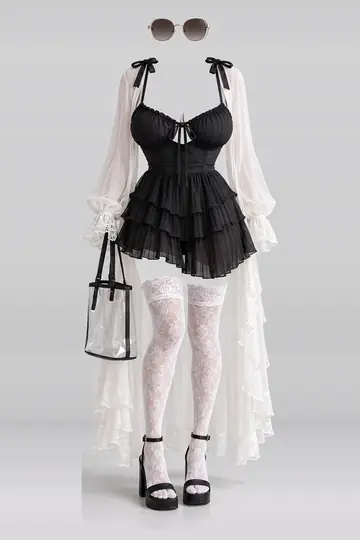 Black ribbon frill pleated dress + cardigan