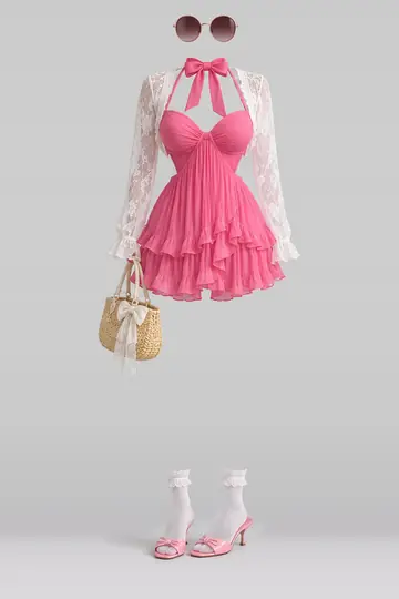 Pink ribbon frill pleated dress + lace trim