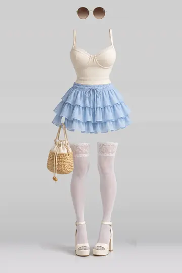 Cream blue mini skirt + lace socks