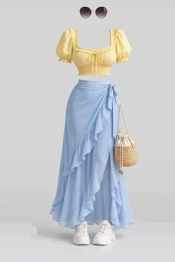 Yellow blue skirt + white sneakers
