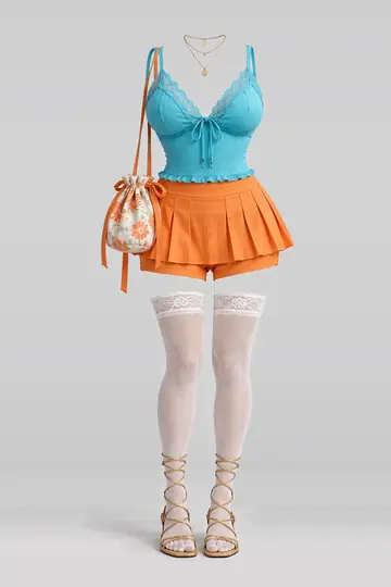 Lace blouse + orange pleated mini skirt