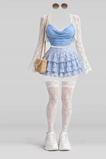 Blue mini skirt + lace socks