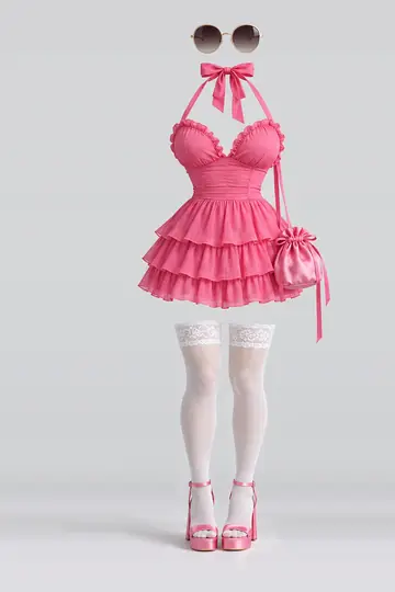 Pink ribbon frill pleated dress + lace socks